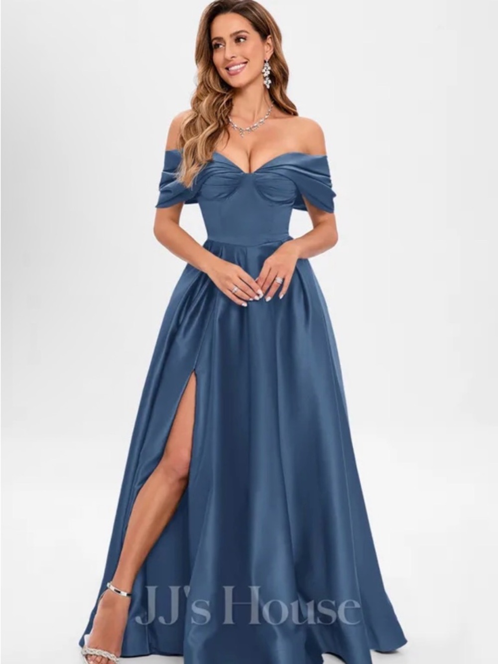 JJs House Avonlea Elegant Off-Shoulder dusty Blue Ball Gown Dress